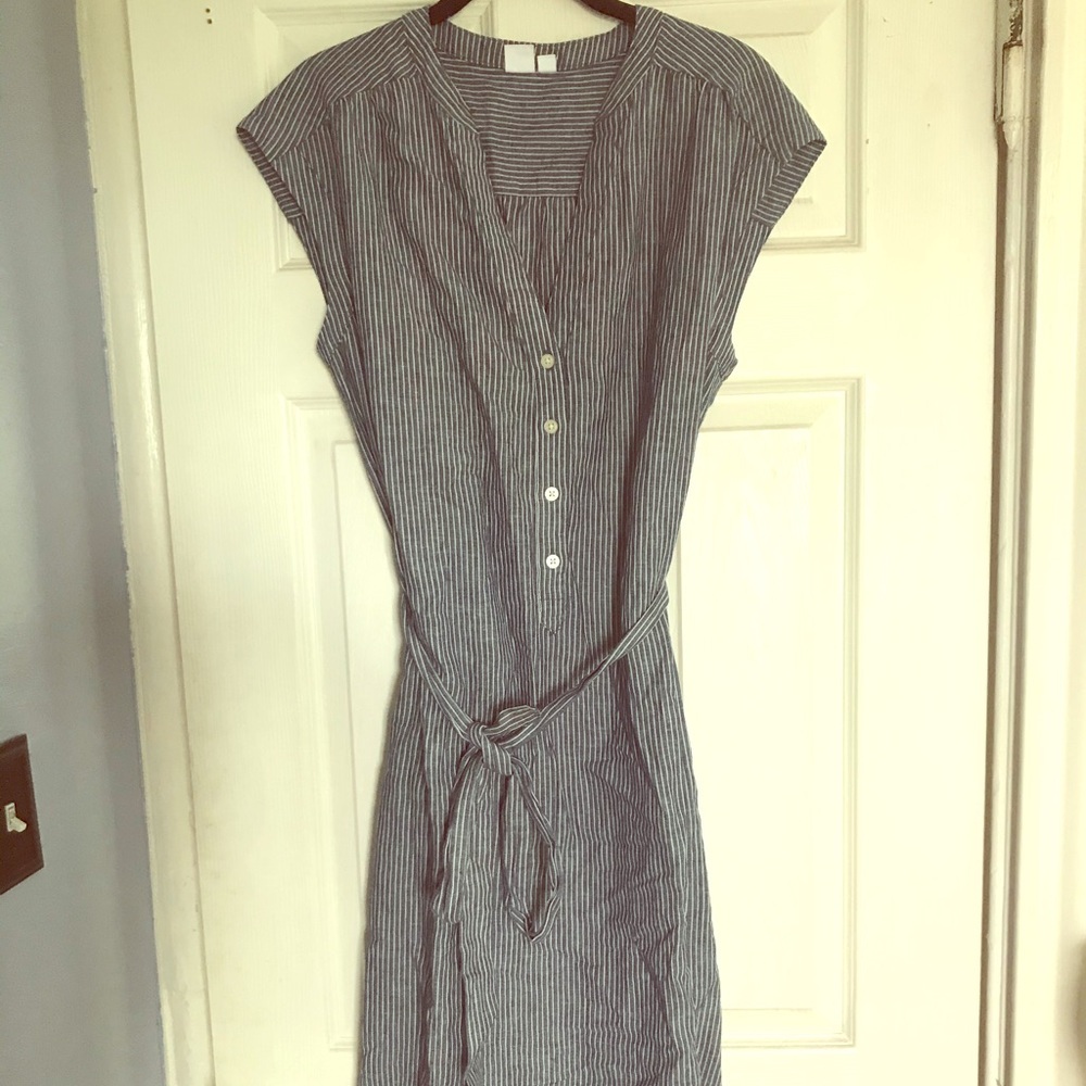 Chambray striped midi dress with tie waist